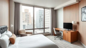 Modern hotel room interior with clean white bedding, functional desk workspace, and window showing urban Queens street view during daytime