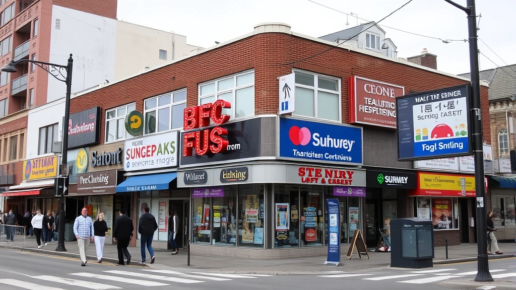 Busy Flushing commercial street corner with diverse storefronts, pedestrians walking, and subway entrance visible, capturing neighborhood energy and accessibility