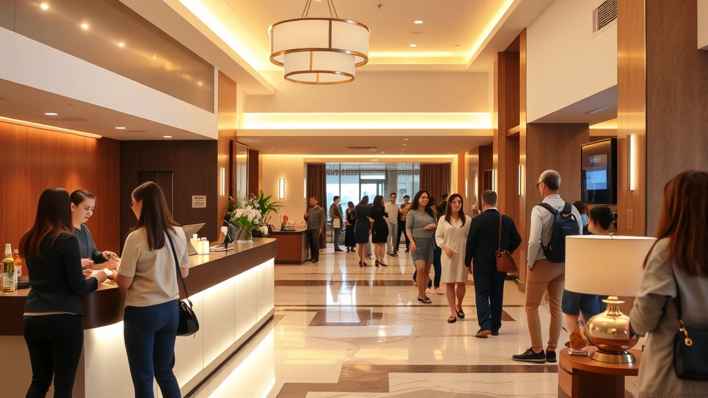 Hotel lobby or front desk area with professional staff member assisting guests, modern lighting, clean interior, welcoming atmosphere with diverse clientele
