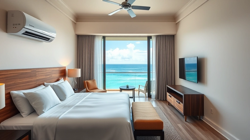 Modern tropical resort bedroom with king bed, air conditioning unit, flat-screen TV, ocean view through window, natural sunlight, contemporary furniture, clean linens, professional hotel room photography