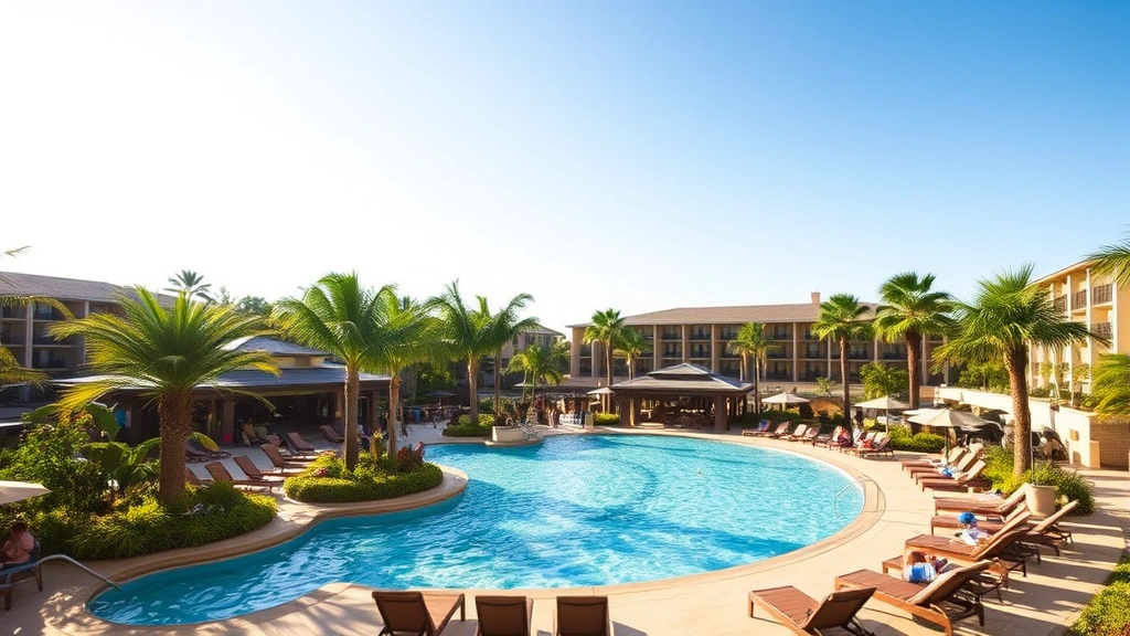 Sparkling resort swimming pool surrounded by lounge chairs, palm trees, tropical vegetation, clear blue water, pool deck with guests relaxing, sunny day, resort architecture in background