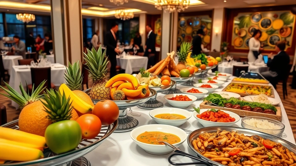 Elegant buffet dining setup with fresh tropical fruits, colorful dishes, international cuisine selections, white tablecloths, ambient restaurant lighting, guests in background, appetizing food presentation