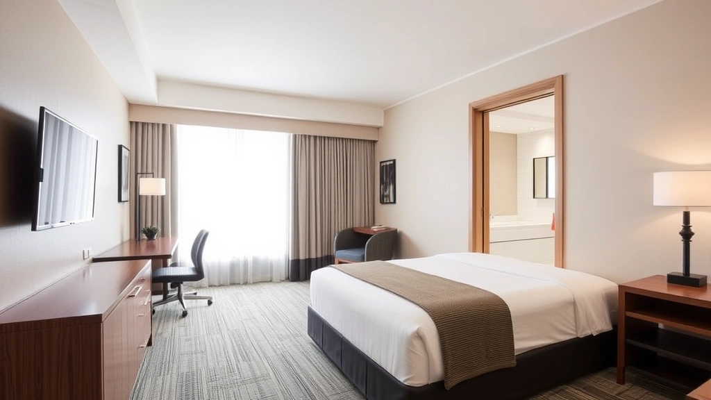 Modern hotel guest room with contemporary furnishings, comfortable bed, work desk, flat-screen television, and clean modern bathroom visible through open door, neutral color palette, bright natural lighting from window