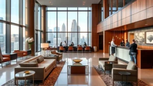 Modern hotel lobby in downtown Atlanta with contemporary furniture, large windows showing city skyline, neutral color palette with wood and metal accents, guests checking in at reception desk