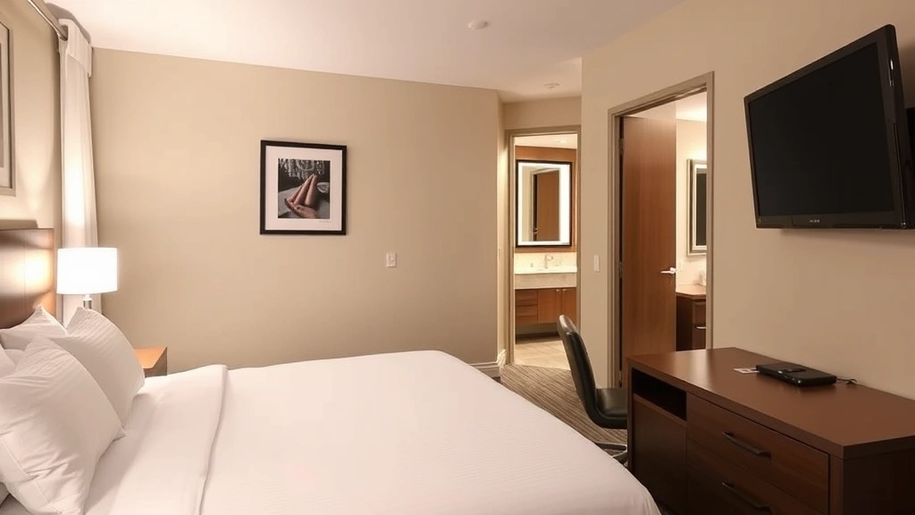 Comfortable hotel guest room with queen bed, clean white linens, desk workspace, flat-screen TV mounted on wall, modern bathroom visible through open door, warm ambient lighting