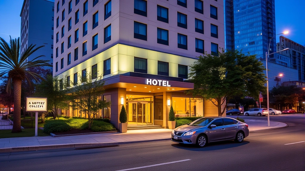 Hotel exterior showing mid-rise building facade at dusk with illuminated entrance, professional landscaping, clear signage, guests arriving by car, urban street view with city lights
