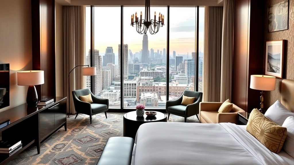 Modern luxury hotel suite in New Orleans with contemporary furnishings, high ceilings, and elegant décor overlooking the city skyline during daytime