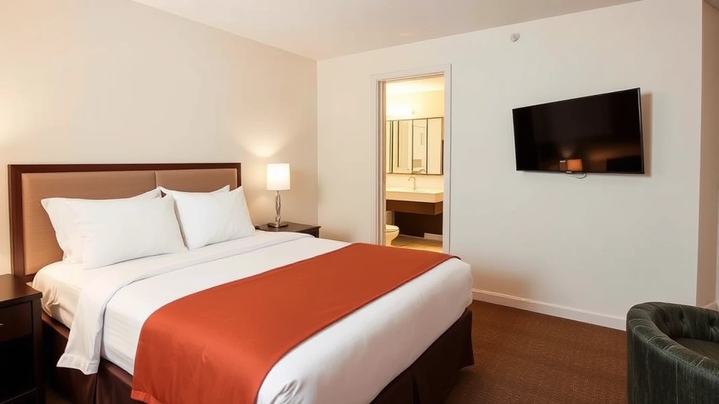 Comfortable hotel room with queen bed, modern bathroom visible through doorway, clean linens, and warm lighting in a mid-range boutique property