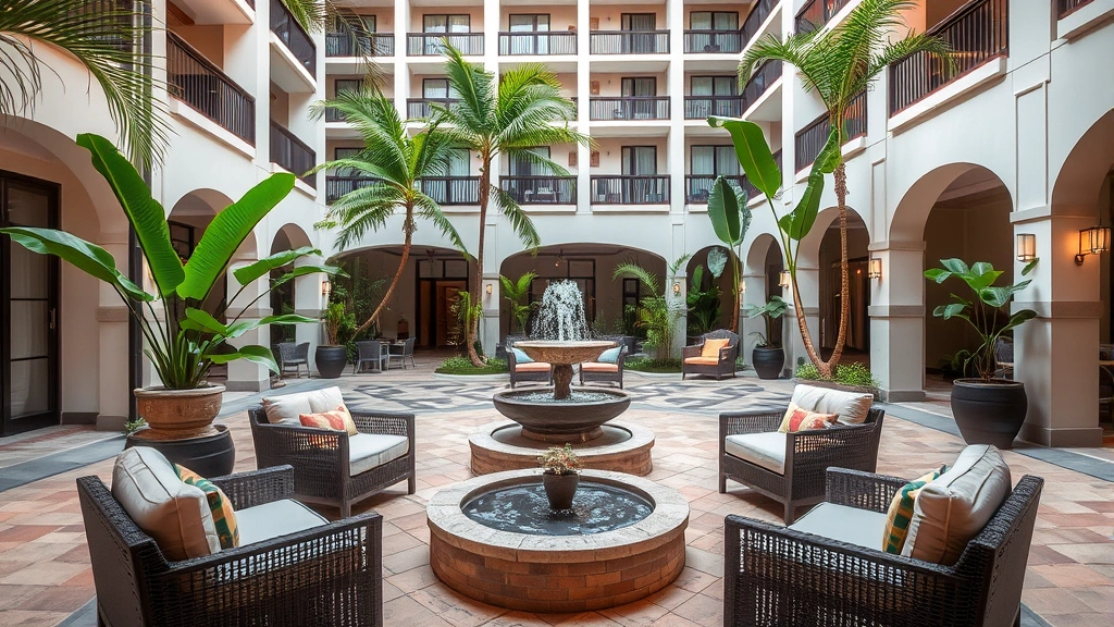 Hotel outdoor courtyard or lobby area with comfortable seating, tropical plants, fountain, and natural light creating welcoming atmosphere for guests