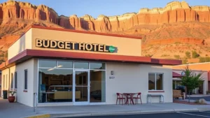 Modern budget hotel exterior in small mountain town setting, daylight, clean facade with comfortable seating area visible, Utah landscape backdrop with red rock formations