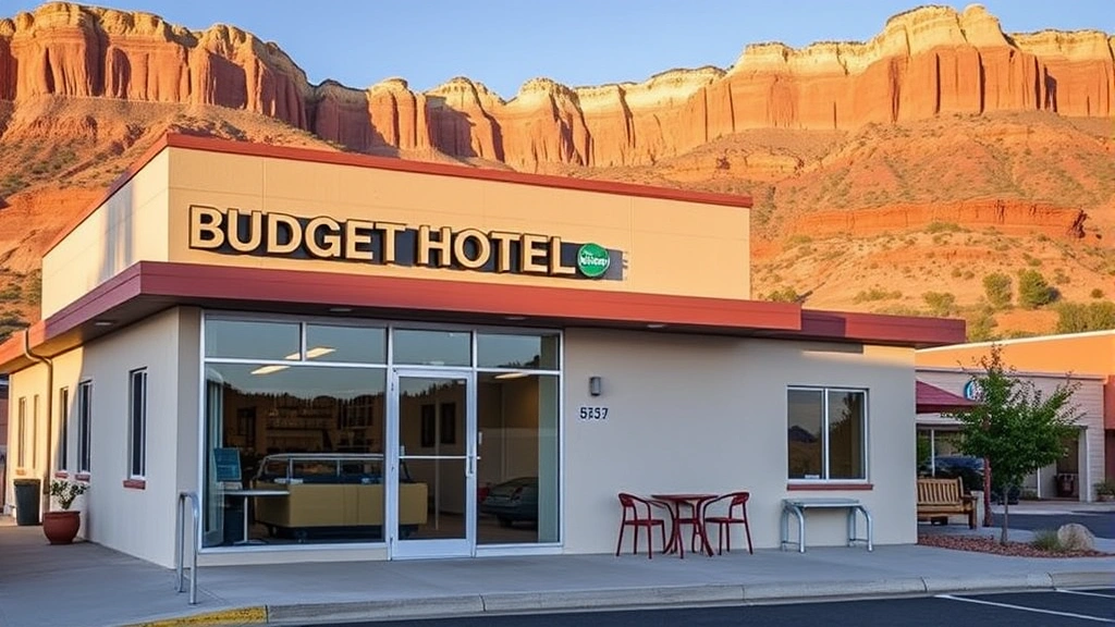 Modern budget hotel exterior in small mountain town setting, daylight, clean facade with comfortable seating area visible, Utah landscape backdrop with red rock formations