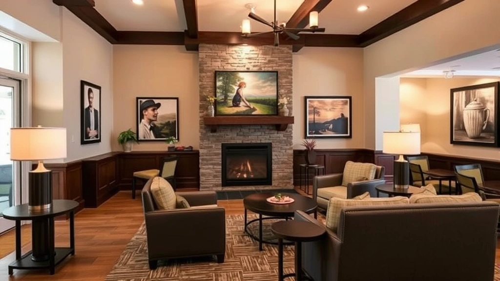 Hotel lobby or common area with comfortable seating, warm lighting, fireplace, and local art on walls, inviting space for guests, professional but cozy aesthetic