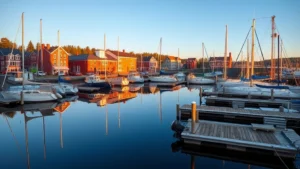 Picturesque coastal Maine harbor town with sailboats, weathered docks, and historic brick buildings reflected in calm blue water at golden hour, no signage visible
