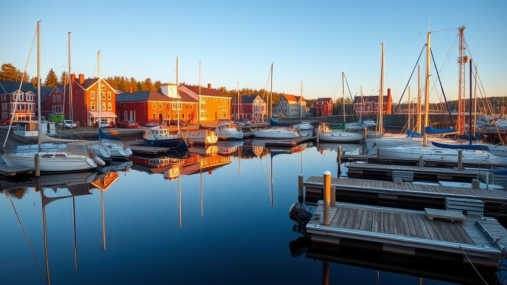 Picturesque coastal Maine harbor town with sailboats, weathered docks, and historic brick buildings reflected in calm blue water at golden hour, no signage visible