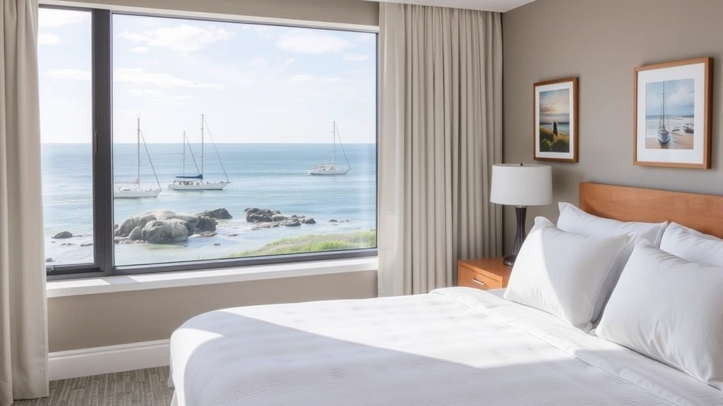 Modern comfortable hotel bedroom with ocean view window showing sailboats and rocky Maine coastline, neutral bedding, local artwork on walls, no visible room numbers