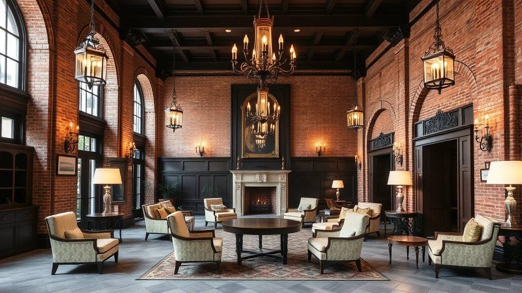 Elegant Charleston historic district hotel lobby with exposed brick walls, period chandeliers, and traditional Southern furnishings, no visible signage or text