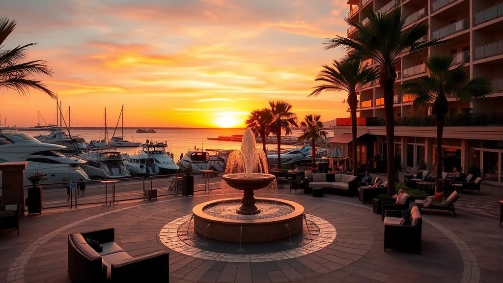 Waterfront hotel courtyard at sunset with fountain, lounge seating, palm trees, harbor views, and guests enjoying evening ambiance, no identifying markers