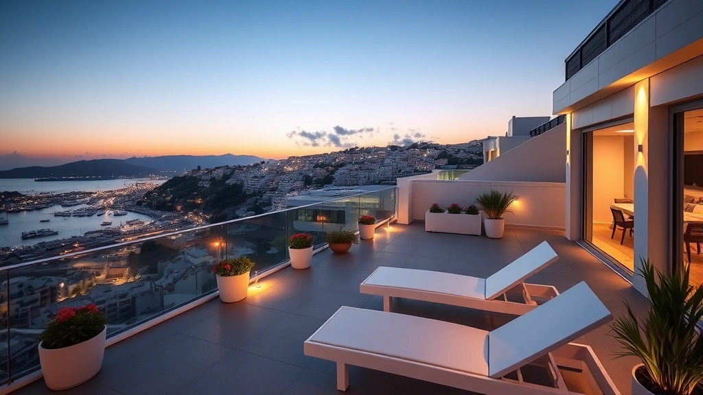 Modern luxury hotel rooftop terrace with white lounge chairs overlooking Mediterranean cityscape at sunset, potted plants and ambient lighting, architectural photography