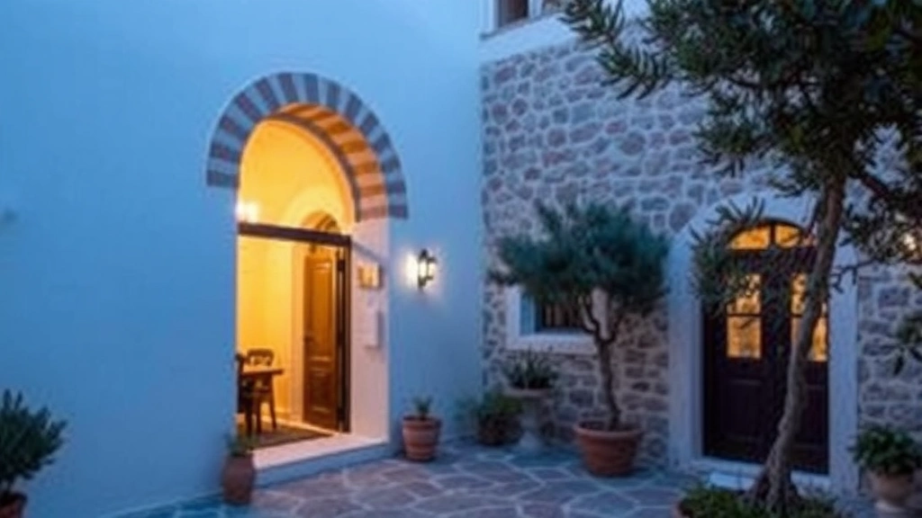 Boutique hotel interior courtyard with traditional Greek stone architecture, arched doorways, potted olive trees, and warm evening lighting creating intimate atmosphere
