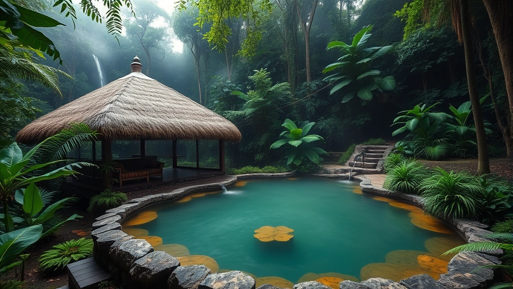 Lush rainforest eco-lodge with thatched-roof cabanas, natural hot spring pool surrounded by dense vegetation, misty jungle canopy, sustainable architecture, serene environment