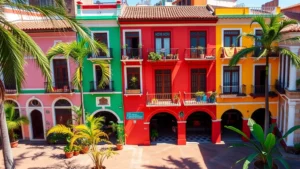 Colorful colonial architecture with balconies overlooking a plaza in Cartagena's historic old city, tropical plants, warm sunlight, no visible text or addresses