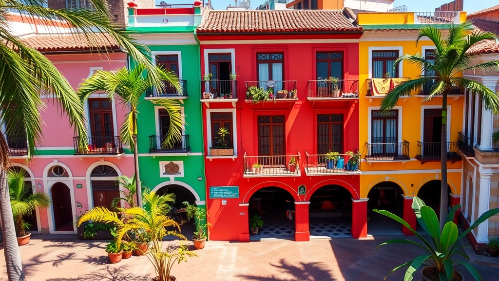 Colorful colonial architecture with balconies overlooking a plaza in Cartagena's historic old city, tropical plants, warm sunlight, no visible text or addresses