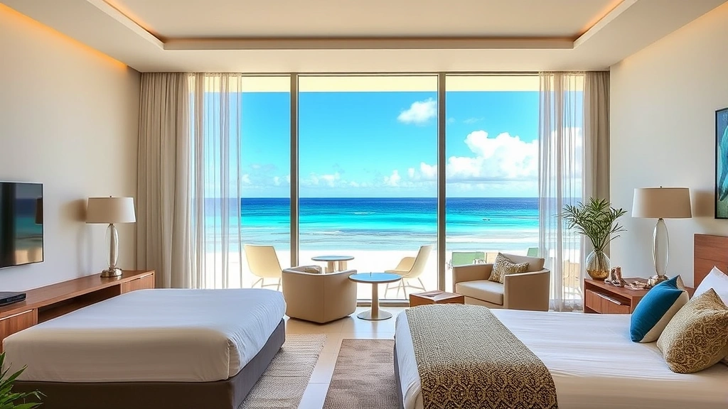 Modern hotel room with Caribbean ocean views through floor-to-ceiling windows, contemporary furnishings, bright natural light, coastal ambiance