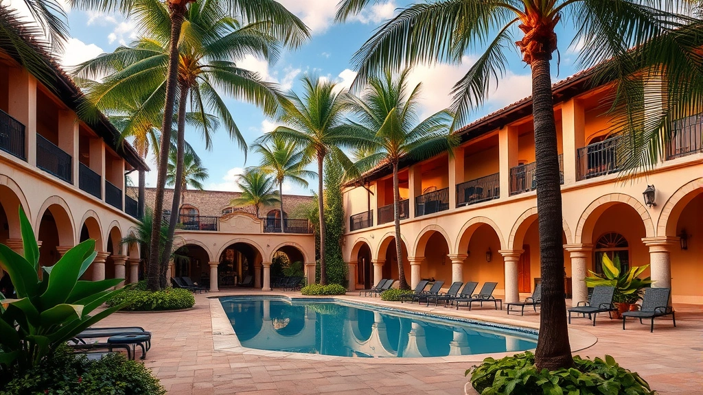 Tropical resort courtyard with palm trees, swimming pool reflecting sky, lounge chairs, colonial stone archways, lush vegetation, peaceful retreat setting