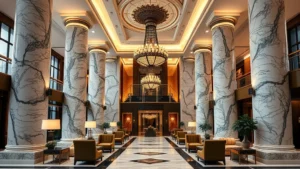 Luxury hotel lobby with marble columns, ornate chandelier, elegant seating areas, warm lighting, sophisticated interior design, no people, high-end furnishings