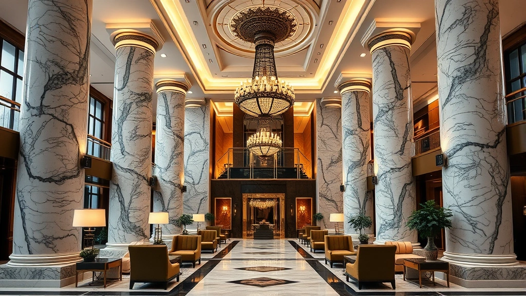 Luxury hotel lobby with marble columns, ornate chandelier, elegant seating areas, warm lighting, sophisticated interior design, no people, high-end furnishings