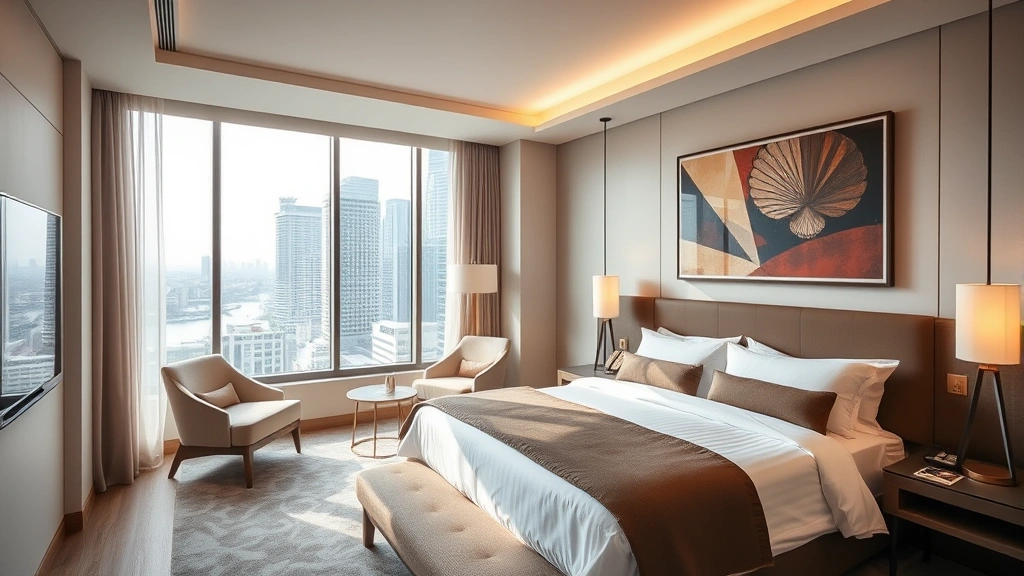 Modern boutique hotel bedroom with minimalist design, comfortable bed with premium linens, contemporary art on walls, floor-to-ceiling windows overlooking cityscape, natural daylight