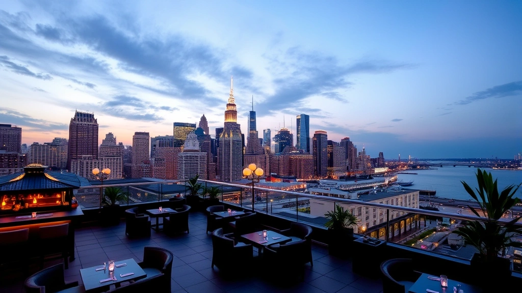 Rooftop hotel bar terrace at dusk with city skyline views, comfortable seating, ambient lighting, architectural buildings in background, waterfront perspective, evening atmosphere
