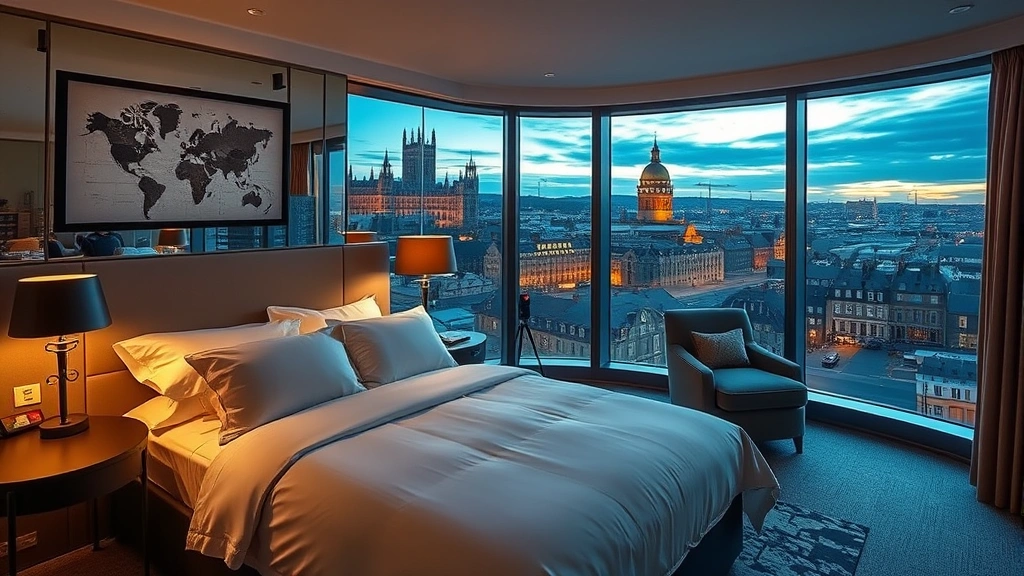 Elegant hotel bedroom with modern furnishings, soft lighting, and high-quality bedding overlooking a historic Scottish city skyline at dusk, photorealistic style