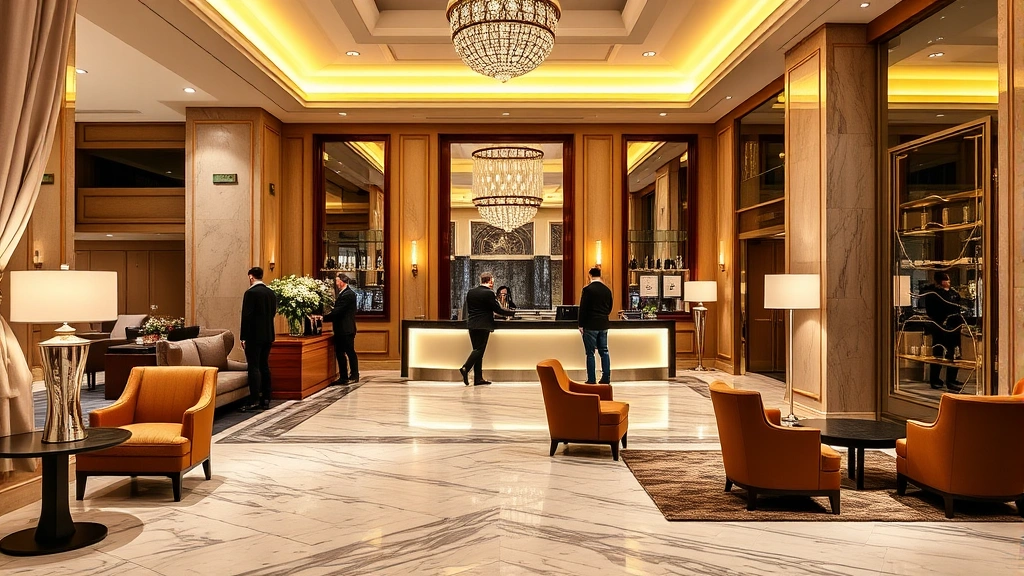 Luxurious hotel lobby with marble flooring, contemporary furniture, warm lighting, and guests checking in at reception desk in upscale Edinburgh property