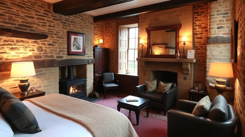 Cozy boutique hotel room interior featuring exposed stone walls, period fireplace, comfortable seating area, and warm ambient lighting in historic Scottish building