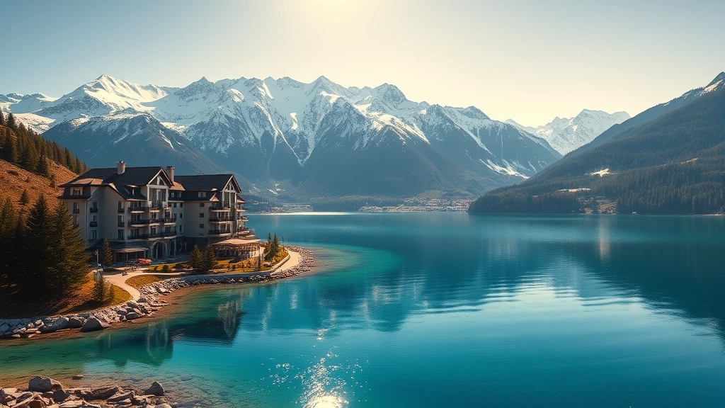 Serene alpine lake with clear turquoise water, snow-capped mountain peaks in background, luxury resort buildings nestled on waterfront with modern architecture, morning sunlight reflecting off water, photorealistic