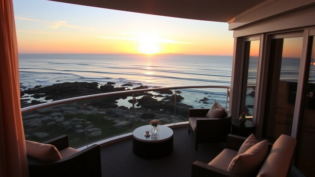 Luxurious oceanfront hotel balcony overlooking rocky Maine coastline at sunset, modern furnishings, Atlantic Ocean waves visible, natural golden hour lighting, no people