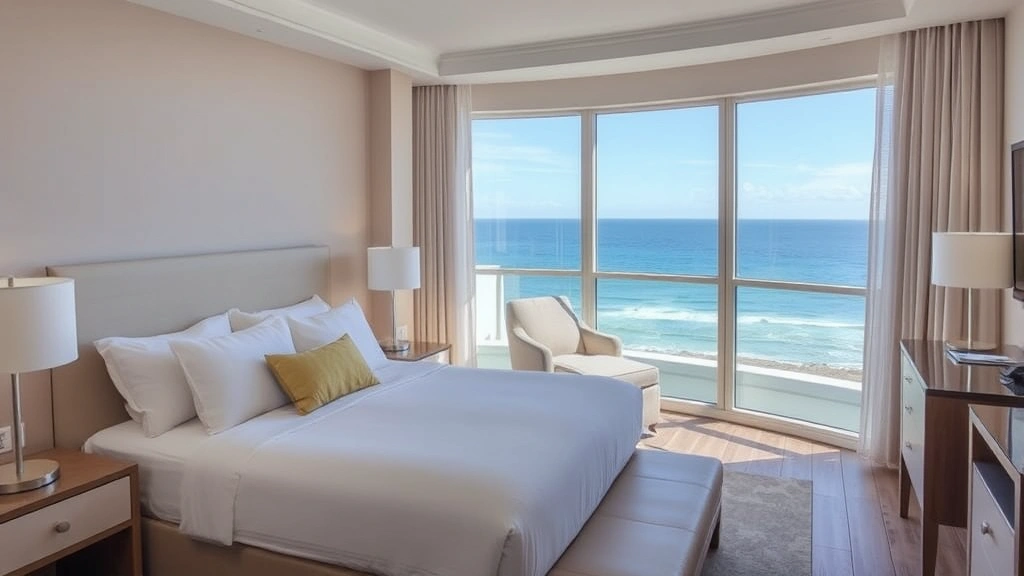 Contemporary hotel bedroom with coastal design elements, soft neutral tones, large windows with ocean view, neatly made bed with quality linens, modern amenities visible, natural daylight