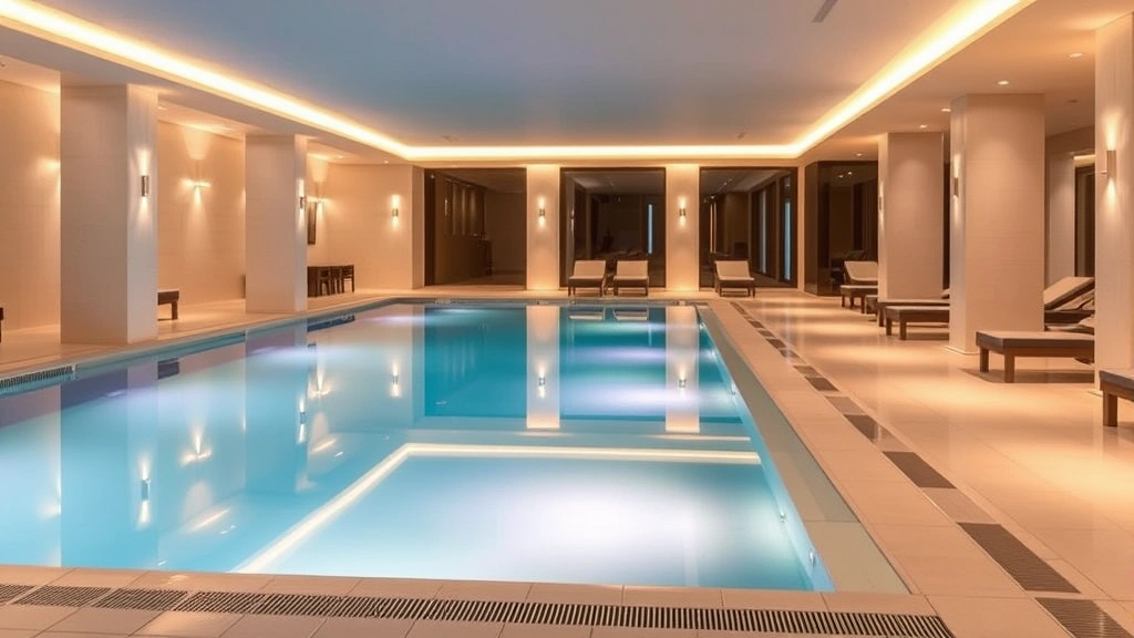Upscale hotel spa or wellness center with indoor heated pool, ambient lighting, clean modern architecture, lounge seating area, no people visible, serene atmosphere