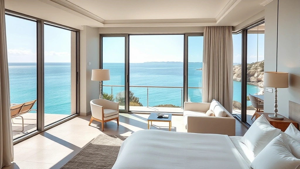 Luxury Mediterranean hotel suite with floor-to-ceiling windows overlooking azure coastline, modern minimalist furniture, white linens, natural daylight, sophisticated ambiance
