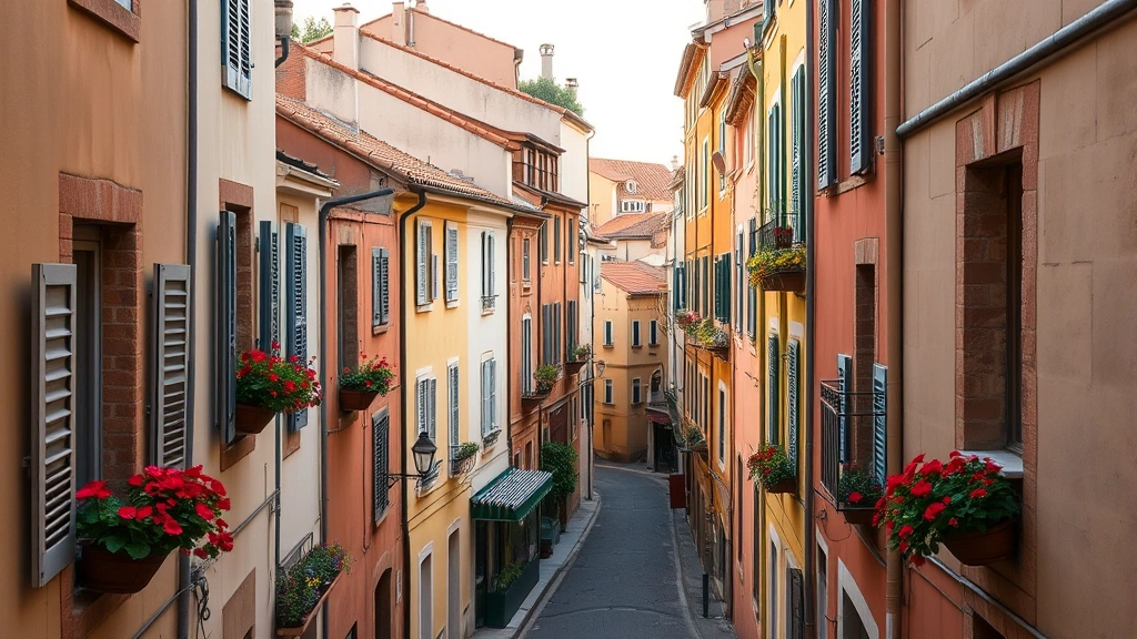 Charming Old Town Nice street scene with terracotta roofed buildings, narrow winding cobblestone alley, potted flowers on windowsills, warm Mediterranean light, authentic architecture