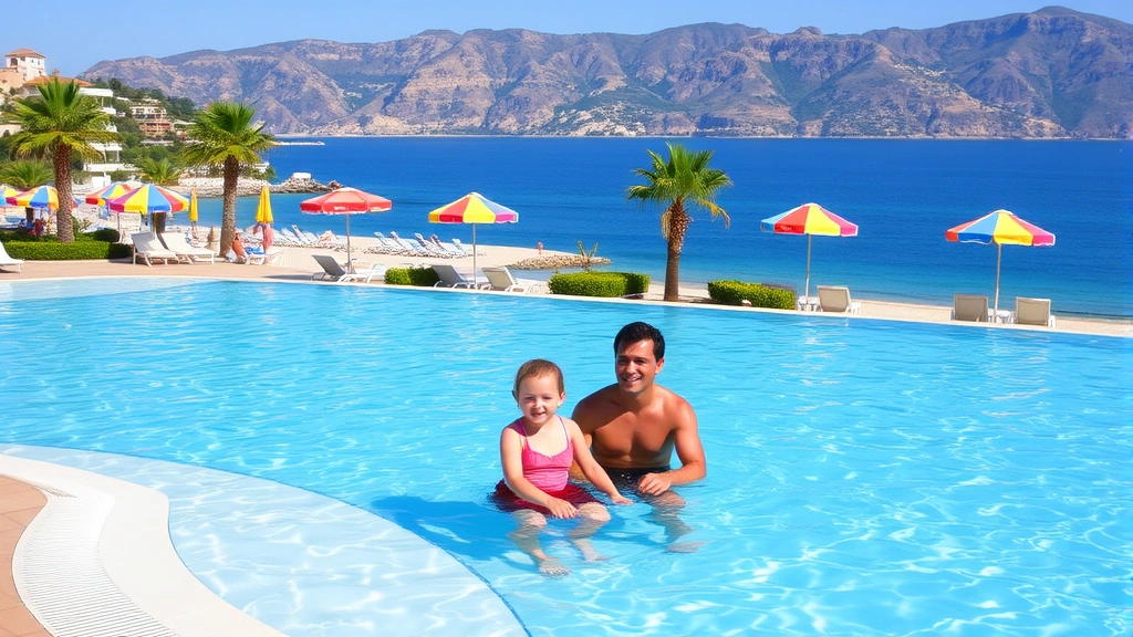 Family-friendly hotel pool area with shallow section, colorful beach umbrellas, Mediterranean landscape background, clear blue water, vacation atmosphere, resort setting