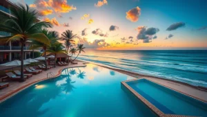 Luxurious beachfront resort pool overlooking Pacific Ocean at sunset with lounge chairs, tropical umbrellas, and palm trees, golden hour lighting