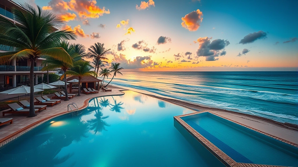 Luxurious beachfront resort pool overlooking Pacific Ocean at sunset with lounge chairs, tropical umbrellas, and palm trees, golden hour lighting
