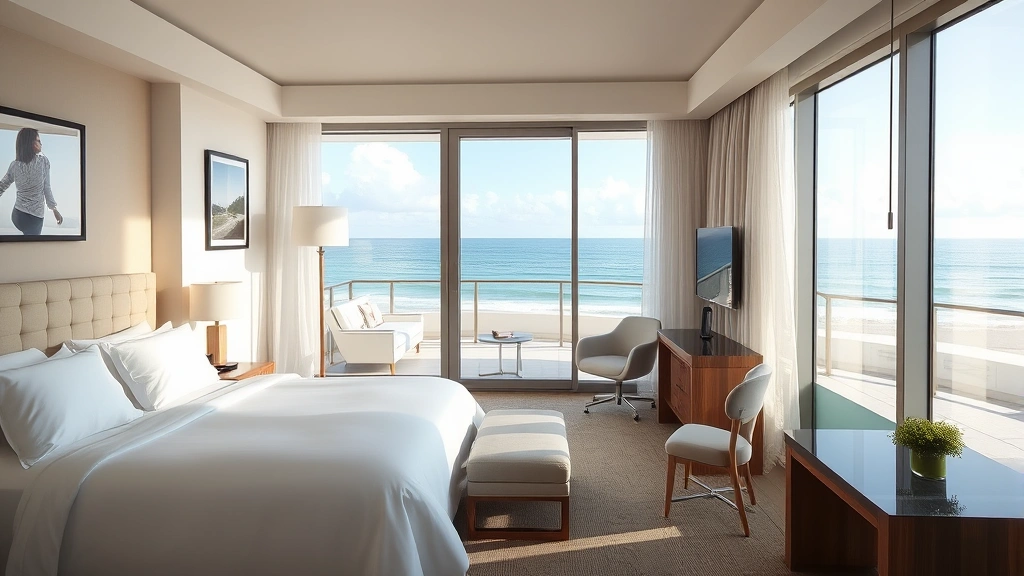 Modern hotel suite interior with ocean view balcony, contemporary furnishings, white bedding, and floor-to-ceiling windows showing beach landscape