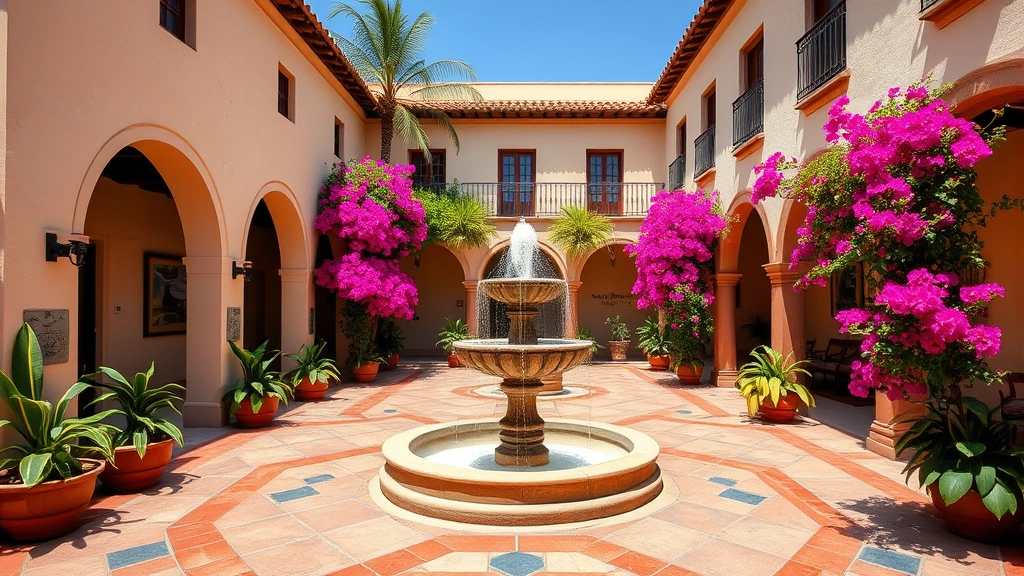 Colorful Mexican colonial-style hotel courtyard with traditional tiles, fountain, flowering bougainvillea, arched walkways, and rustic architectural details