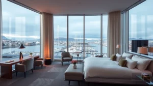 Modern luxury hotel suite in Reykjavik with minimalist Scandinavian design, floor-to-ceiling windows overlooking harbor, contemporary furnishings, warm lighting, Icelandic aesthetic elements