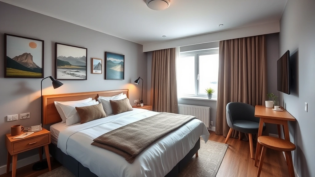 Cozy mid-range hotel room with comfortable bed, local Icelandic artwork on walls, wooden furniture, natural light from window, welcoming Nordic interior design