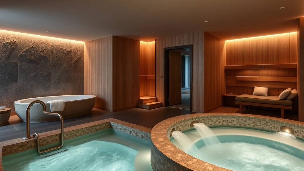 Hotel spa and wellness area featuring geothermal hot tub, steam room, wooden accents, soft ambient lighting, relaxation environment with Icelandic design philosophy