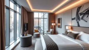 Modern luxury hotel suite in London Soho with contemporary furnishings, floor-to-ceiling windows overlooking city streets, elegant bedding and modern lighting fixtures, photorealistic residential interior design